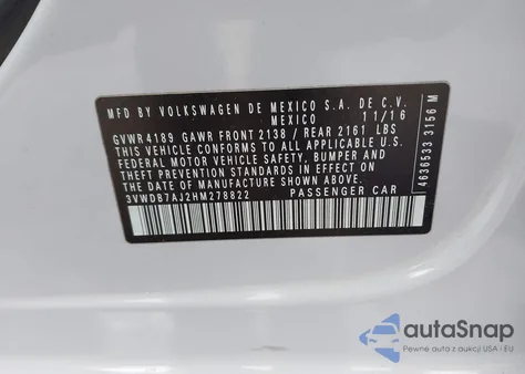 2017 Volkswagen Jetta 1.4T Se z USA, uszkodzony, nr VIN 3VWDB7AJ2HM278822